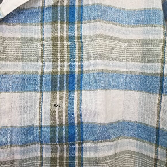 Eddie Bauer Camp Shirt Men's XXL Plaid Short Sleeve Button Up Blue Linen Cotton - Picture 7 of 16